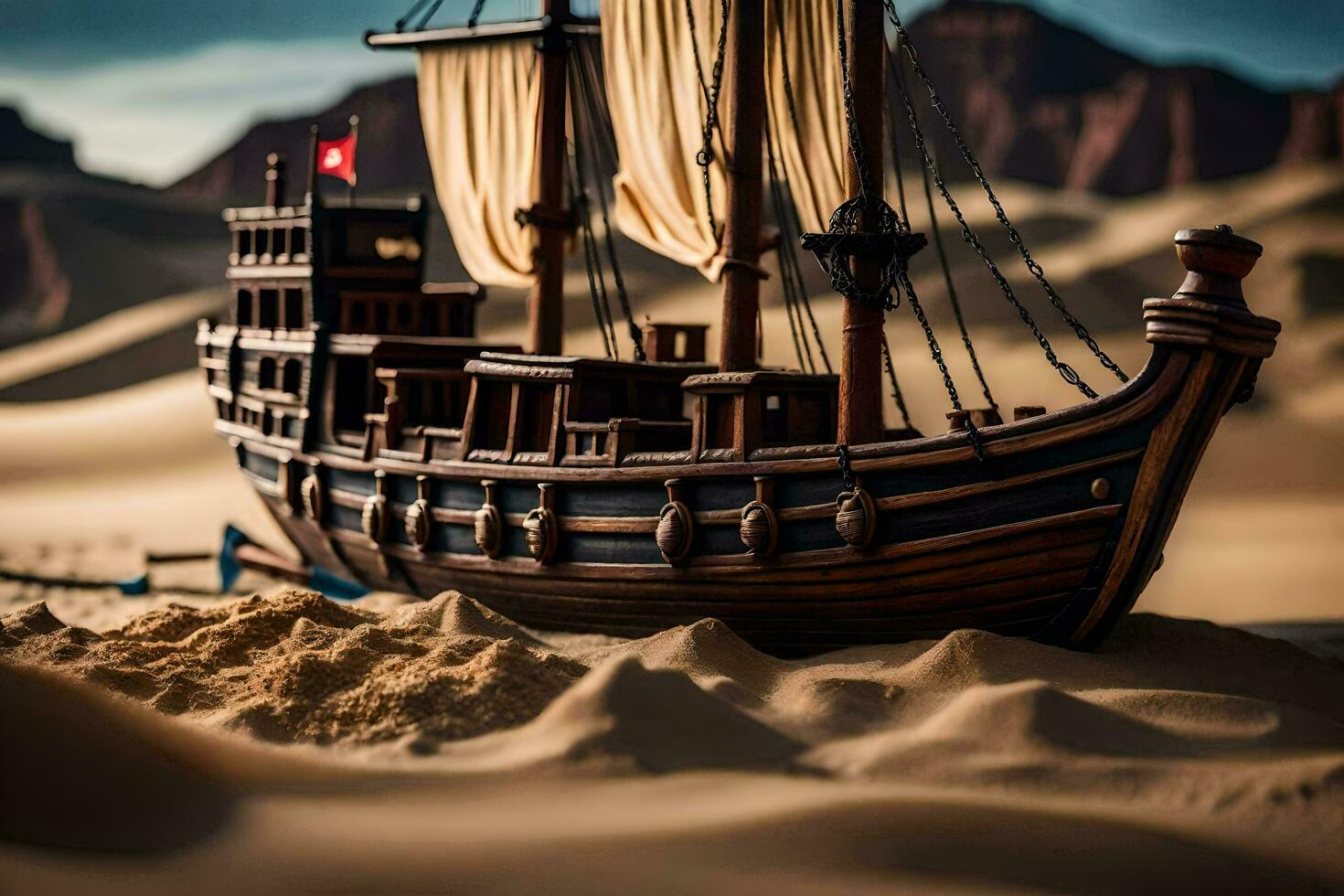 a model of a ship in the desert. AI-Generated photo