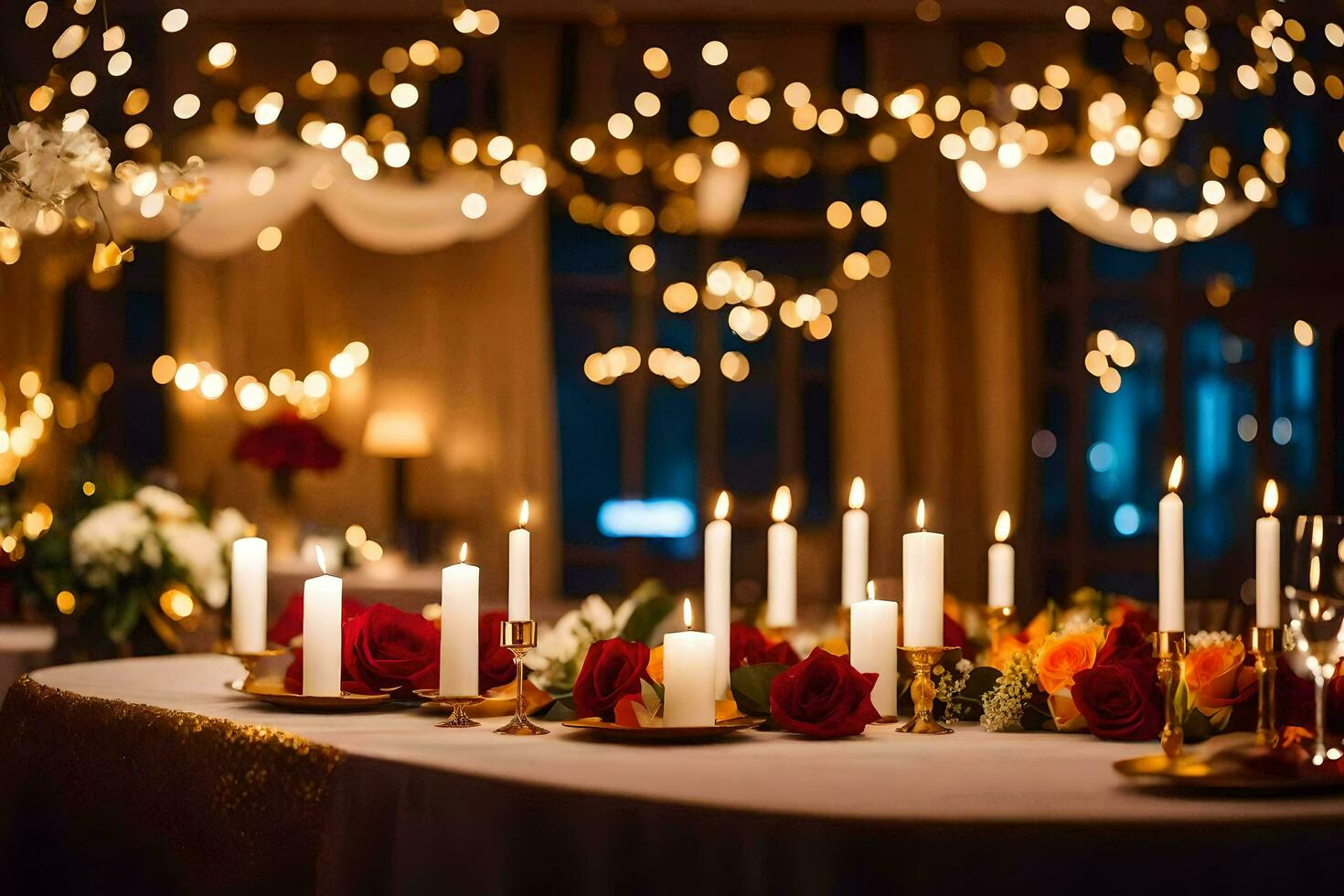 a table with candles and flowers on it. AI-Generated photo