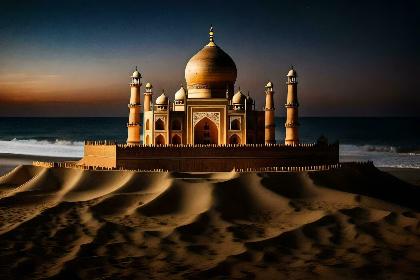 the taj mahal is a white sand dune in the middle of the ocean. AI-Generated photo