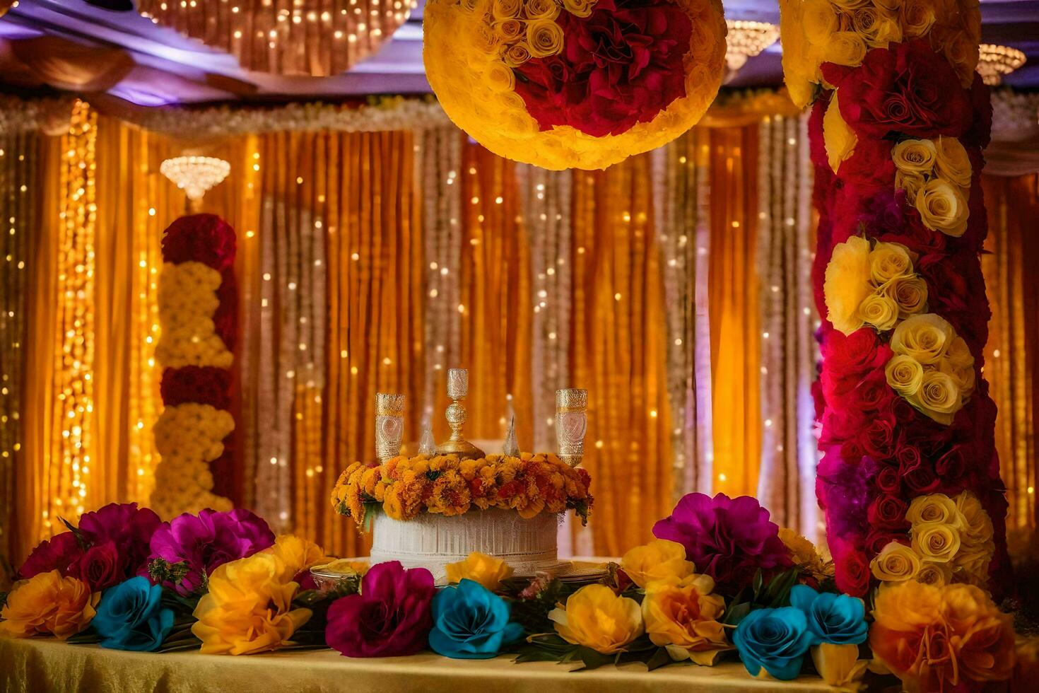 a colorful wedding reception with flowers and candles. AI-Generated photo