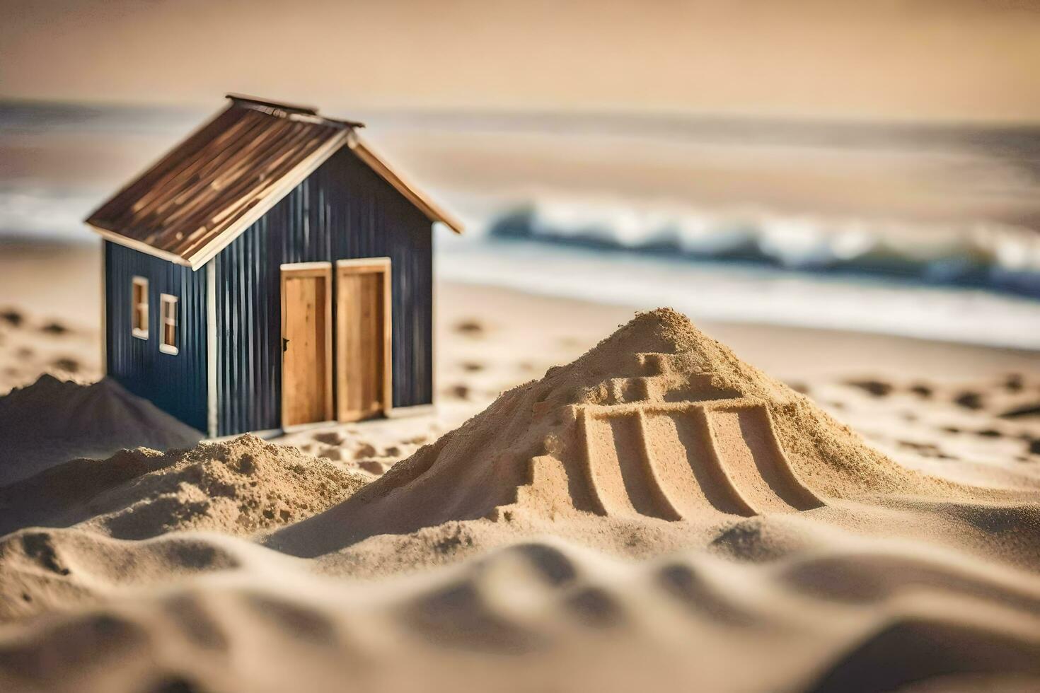 a small house sits on the sand with a pile of sand. AI-Generated photo
