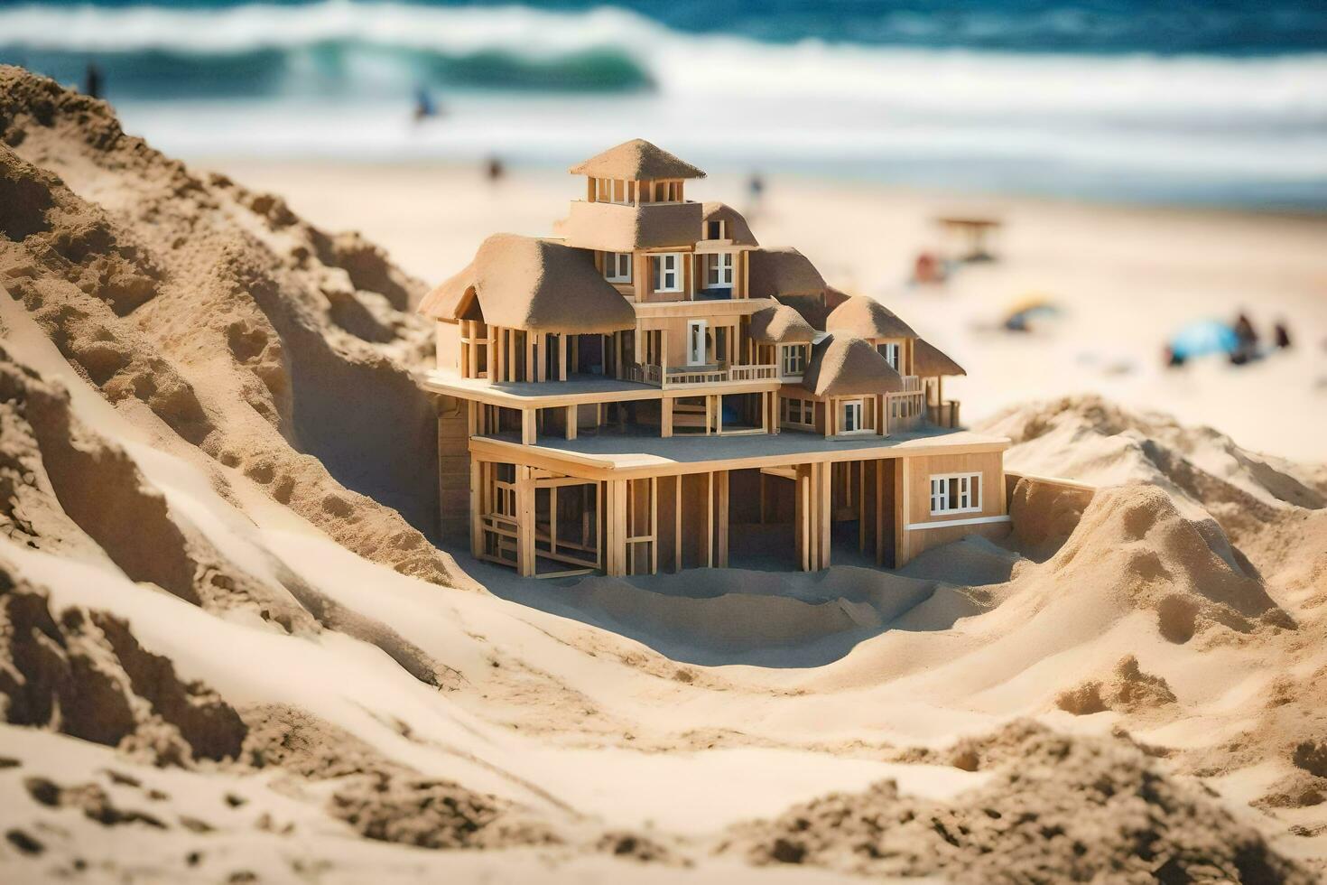 a sand castle on the beach with a house in the middle. AI-Generated photo