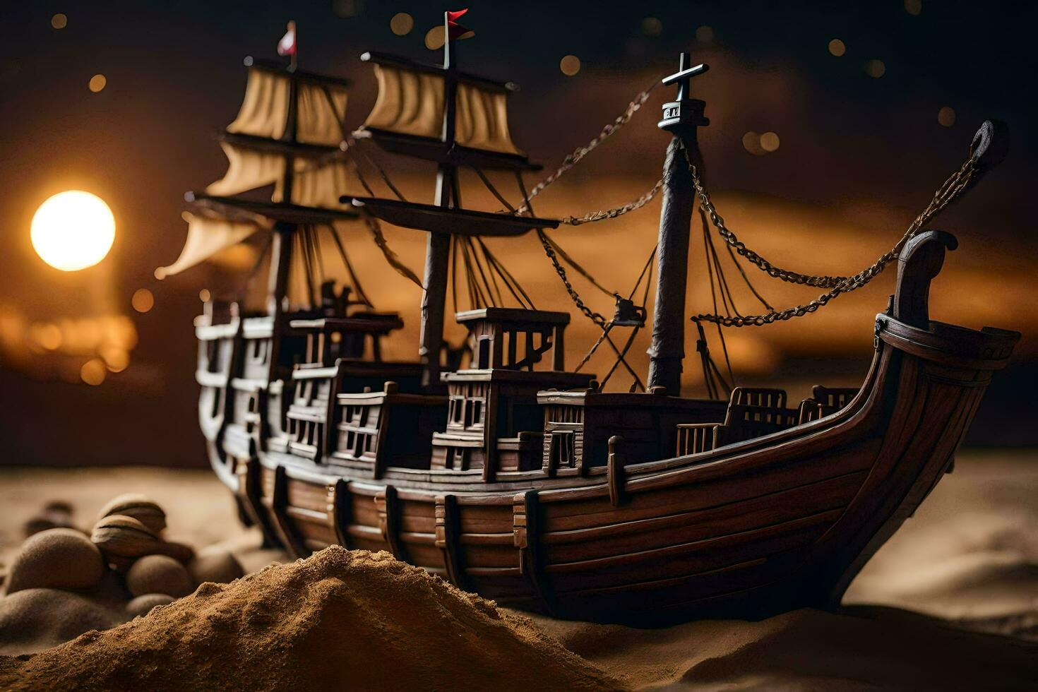 a model of a pirate ship in the sand. AI-Generated photo