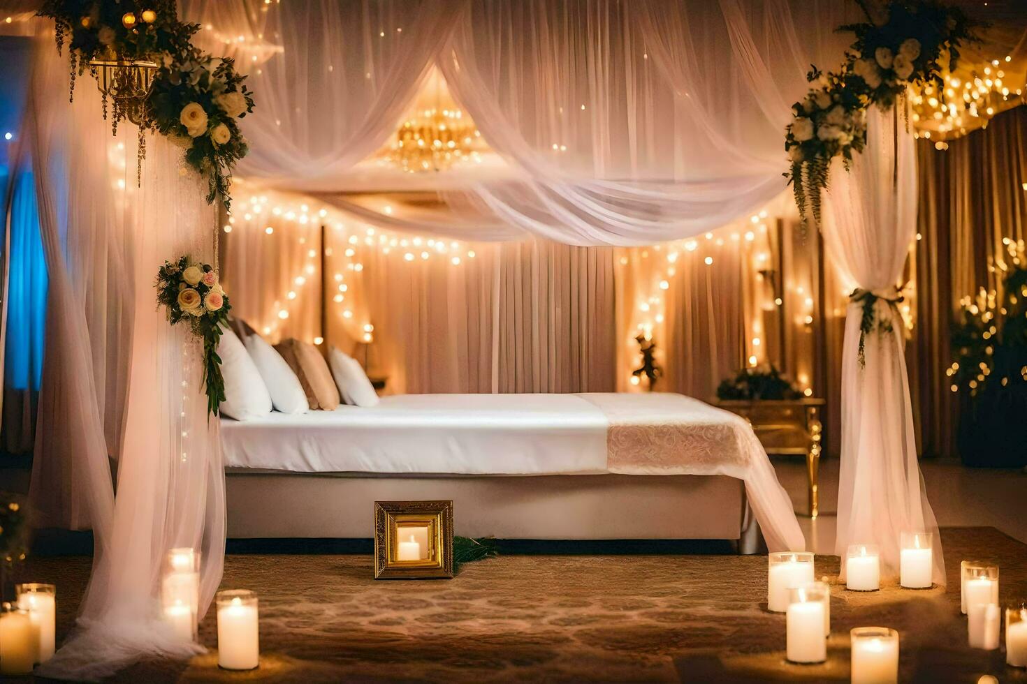 a bed with white curtains and candles. AIGenerated 30276481 Stock