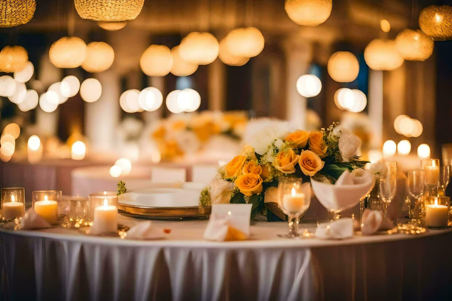 a table with candles and flowers. AI-Generated photo