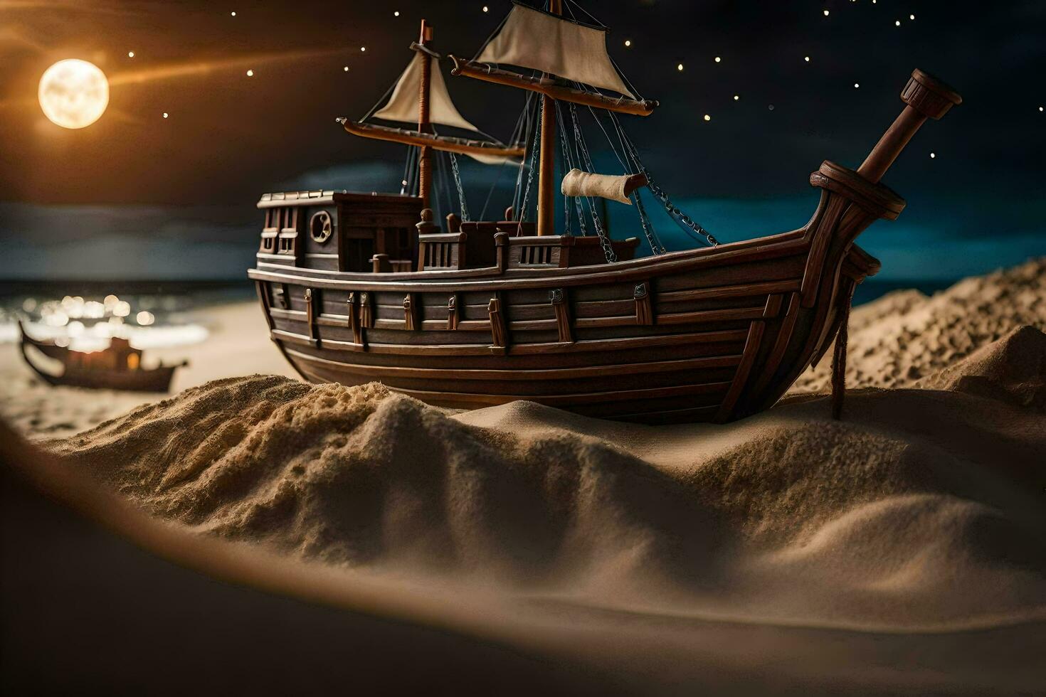 a model ship in the sand at night. AI-Generated photo