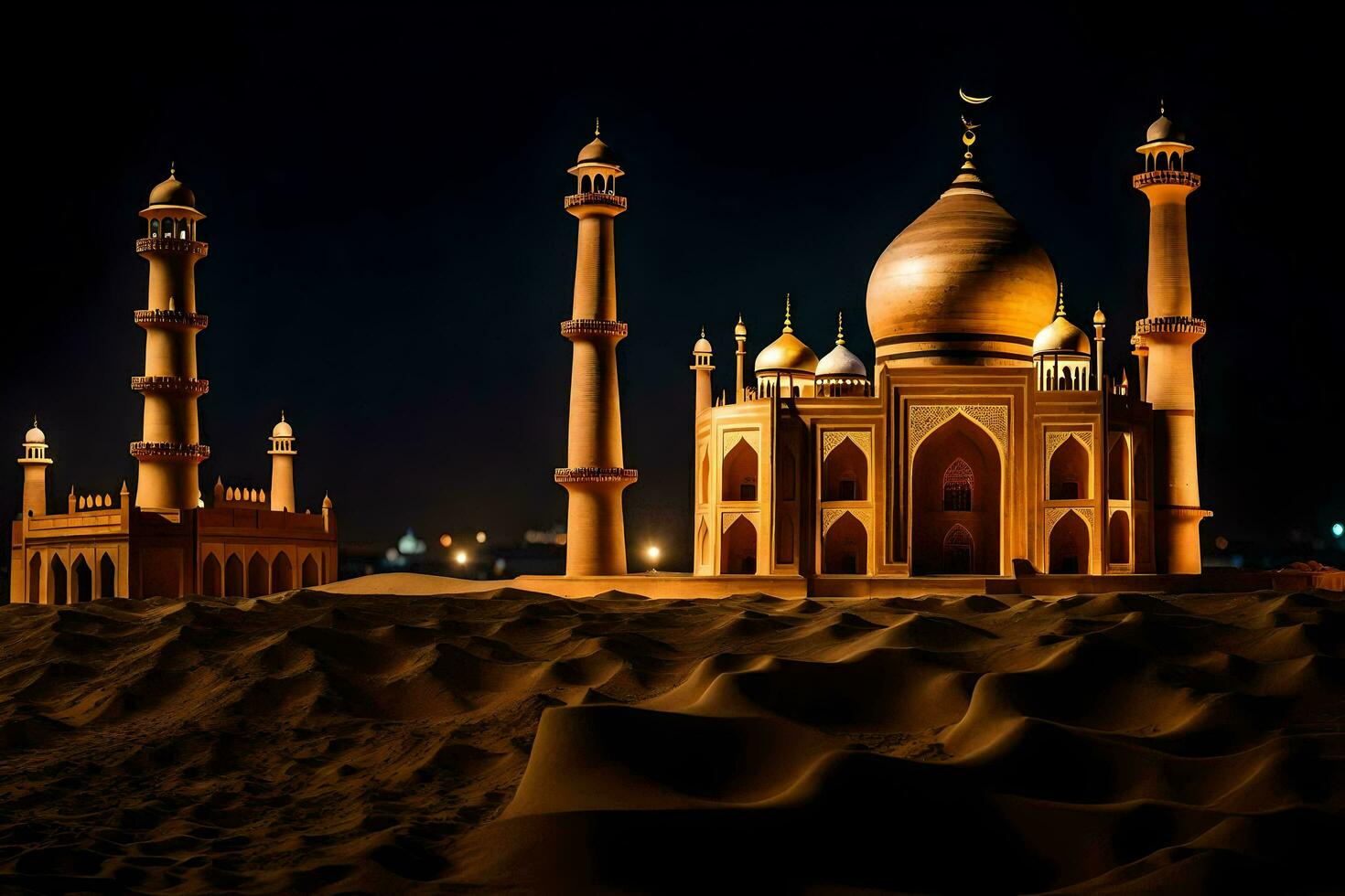 the night sky is lit up with the lights of the mosque. AI-Generated photo