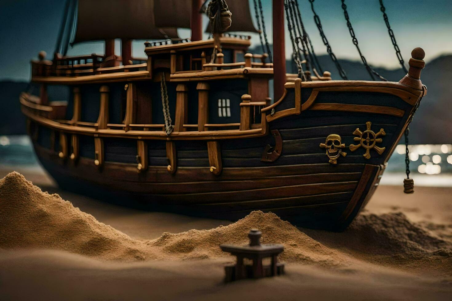 a model pirate ship sits on the sand. AI-Generated photo