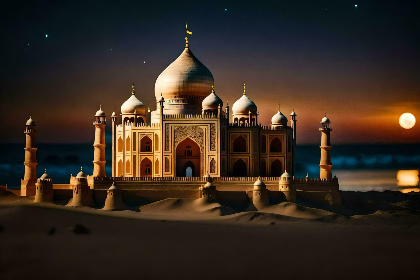 the taj mahal is a sand castle in the desert. AI-Generated photo