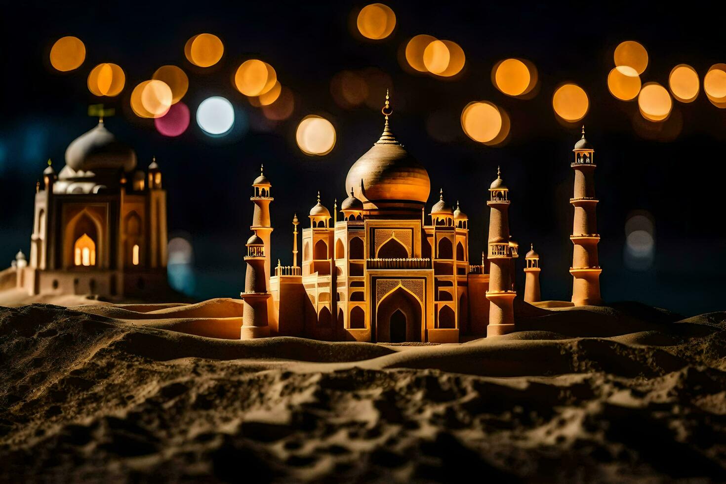 a sand castle with lights on it. AI-Generated photo