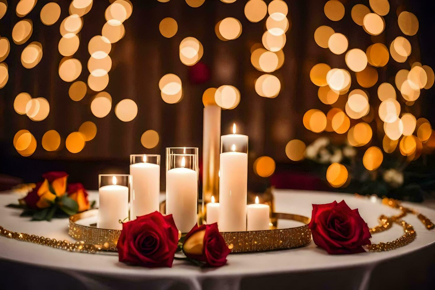 candles and roses on a table with bokeh lights. AI-Generated photo