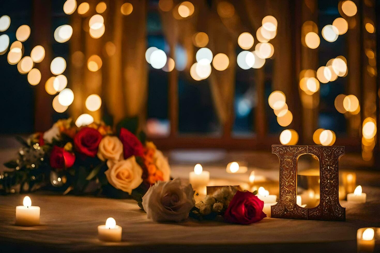 un mesa con velas y flores en él. generado por ai foto