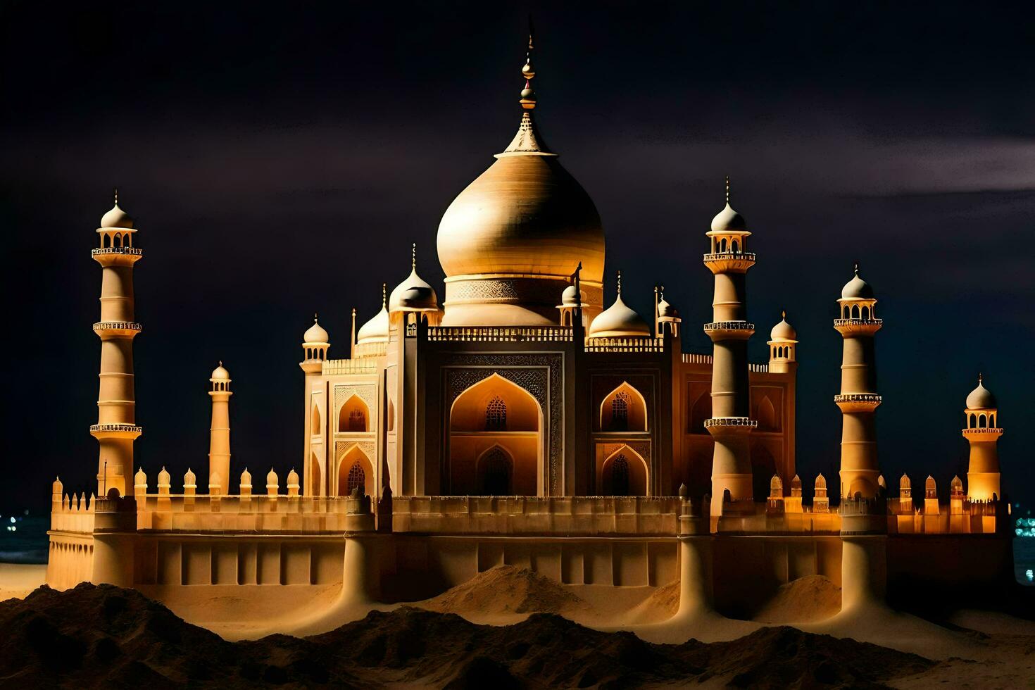 the taj mahal is lit up at night. AI-Generated photo
