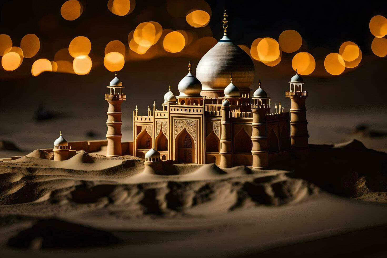 a model of a taj mahal in the desert. AI-Generated photo