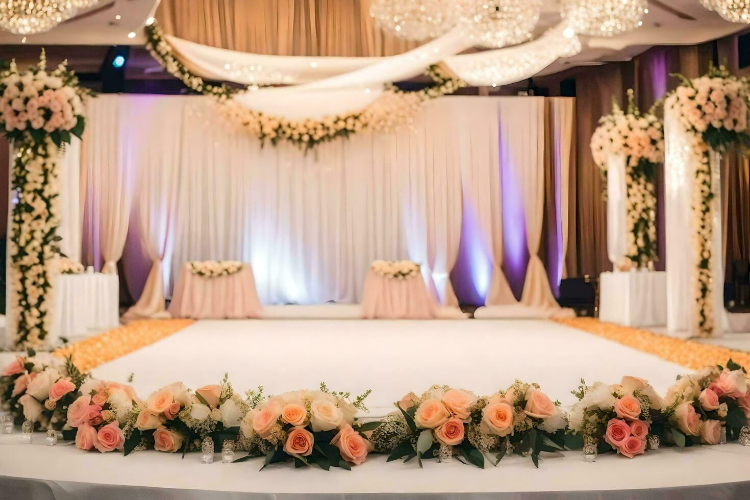 an elegant wedding ceremony with flowers and white drapes. AI-Generated photo