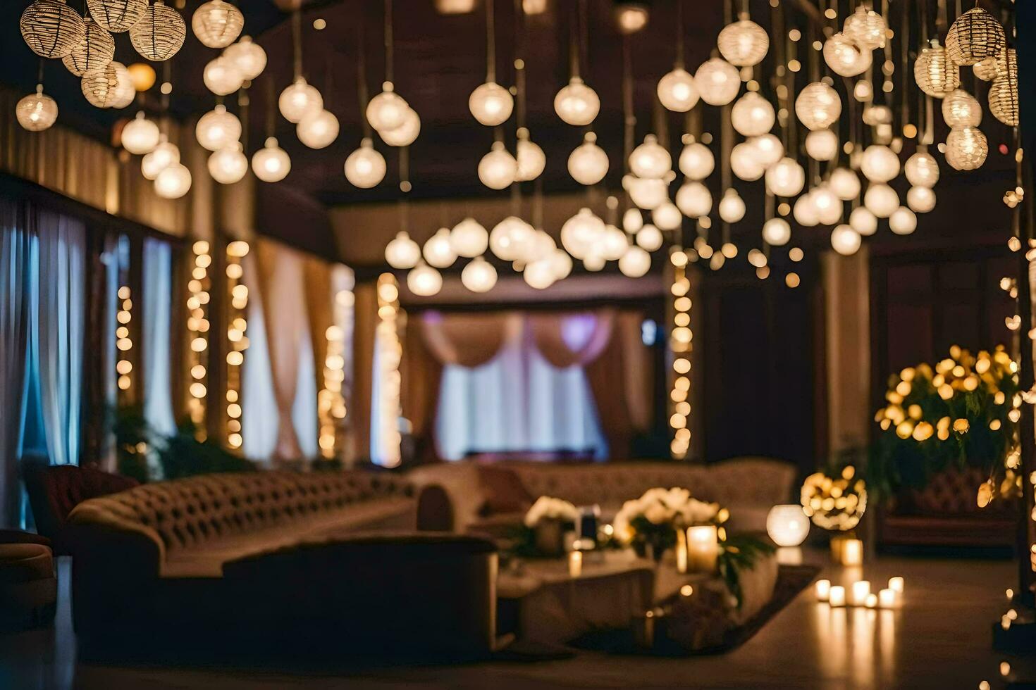 a room with lots of lights and candles. AI-Generated photo