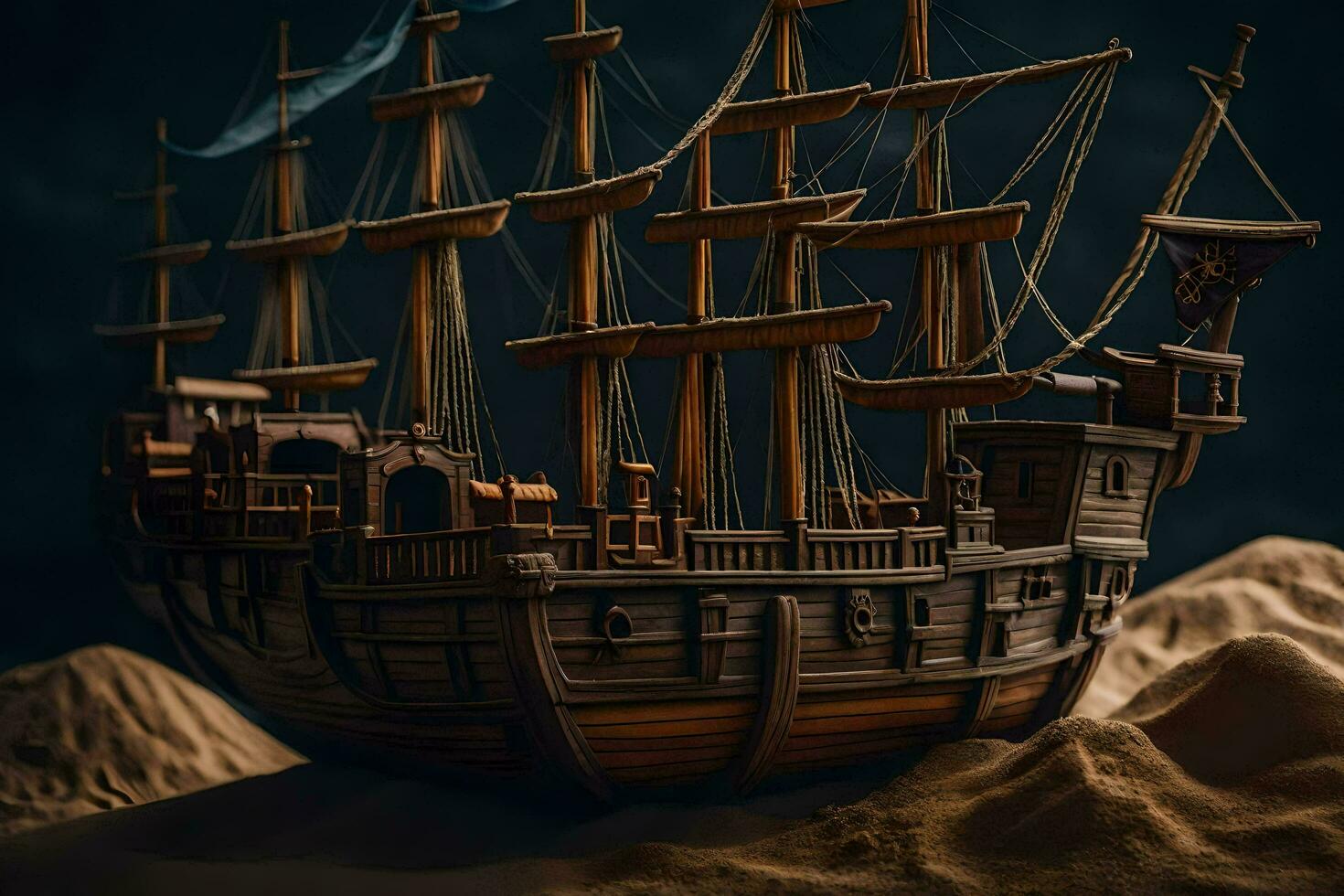a model of a pirate ship in the sand. AI-Generated photo