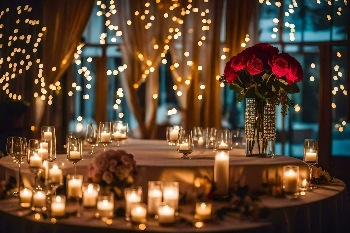 a table with candles and flowers in front of a string of lights. AI-Generated photo