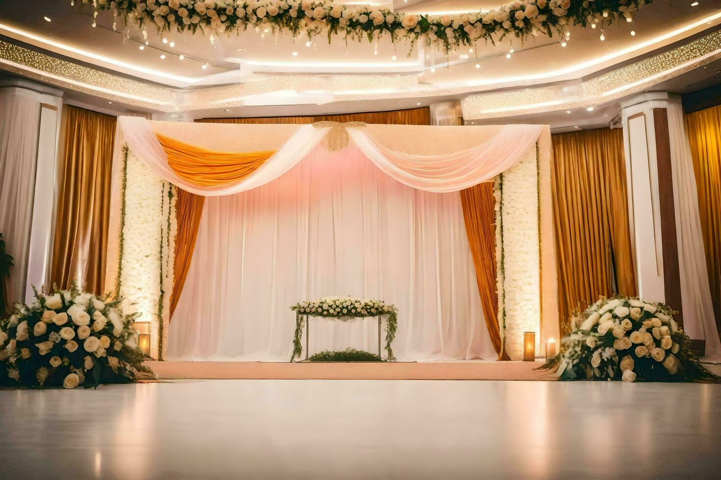 a wedding stage with white and gold decorations. AI-Generated photo