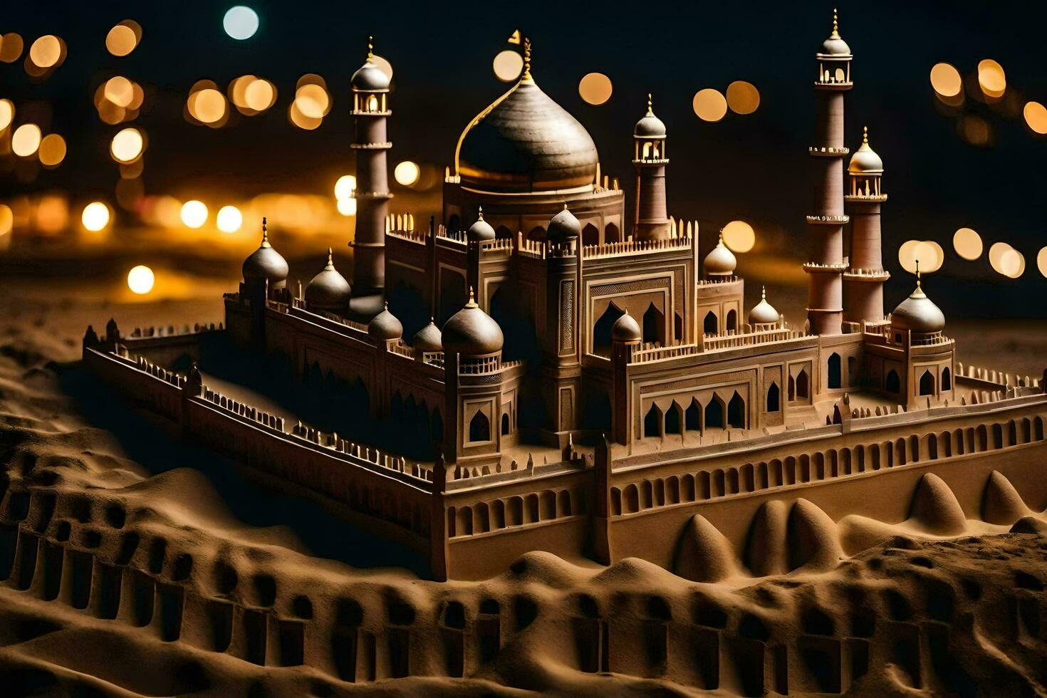 a model of a mosque in the desert with lights. AI-Generated photo