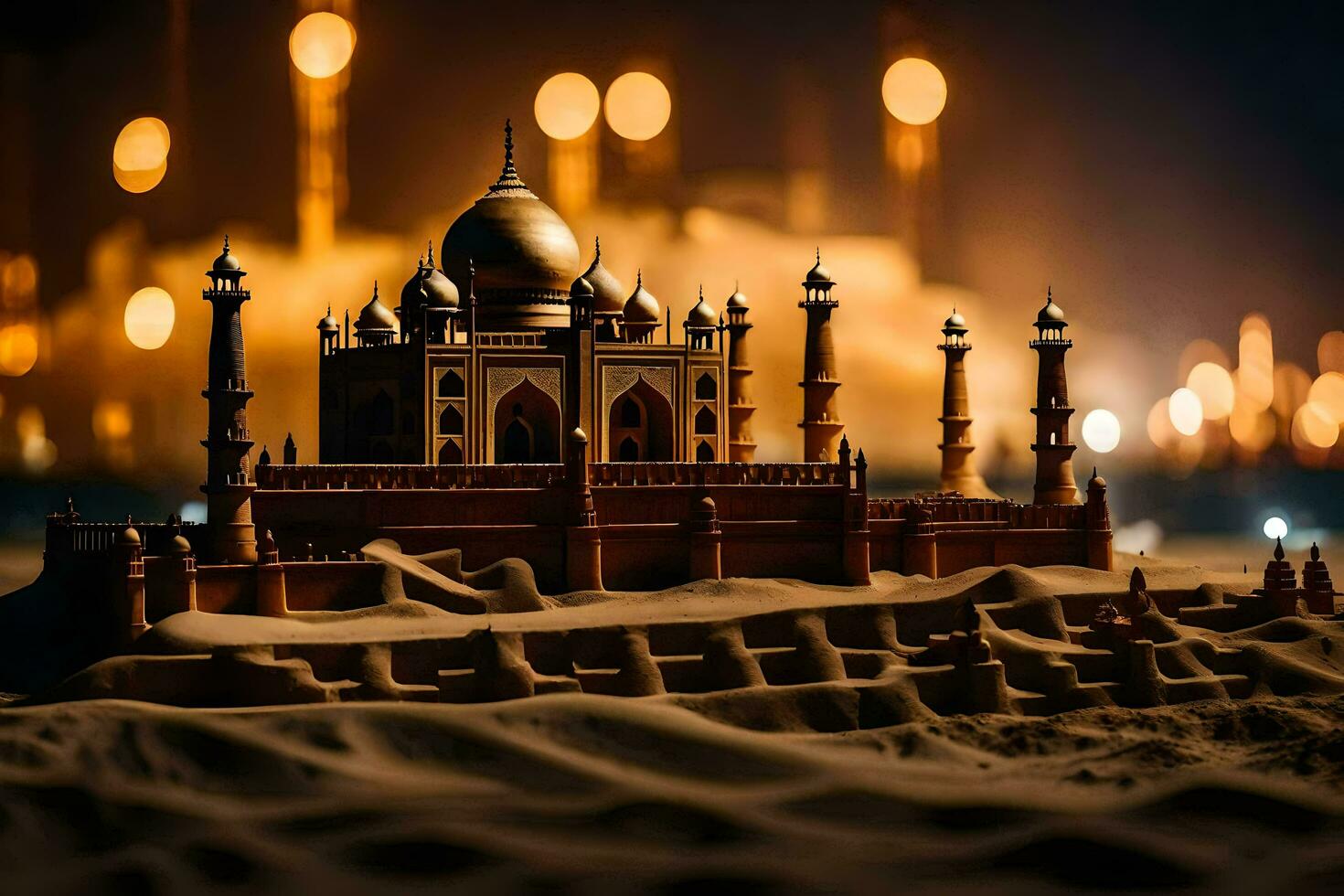a model of the taj mahal is lit up at night. AI-Generated photo