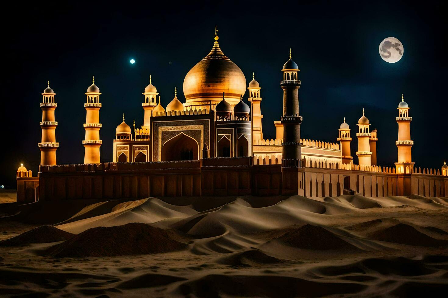 the taj mahal is lit up at night. AI-Generated photo