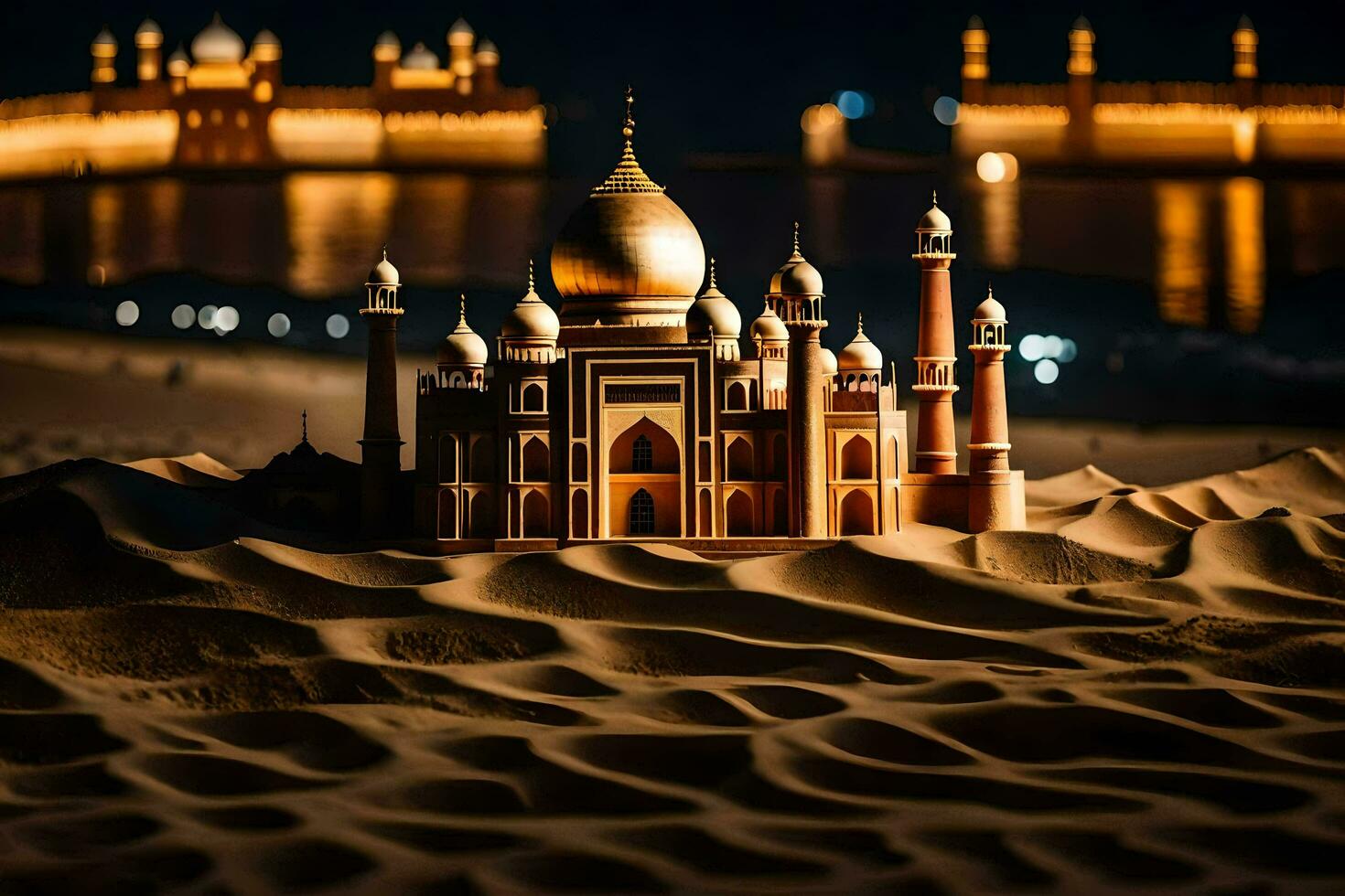 a model of a taj mahal in the desert at night. AI-Generated photo