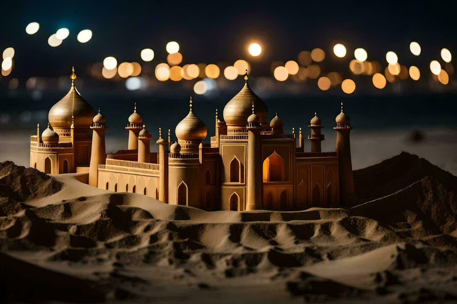a sand castle is shown in the desert at night. AI-Generated photo
