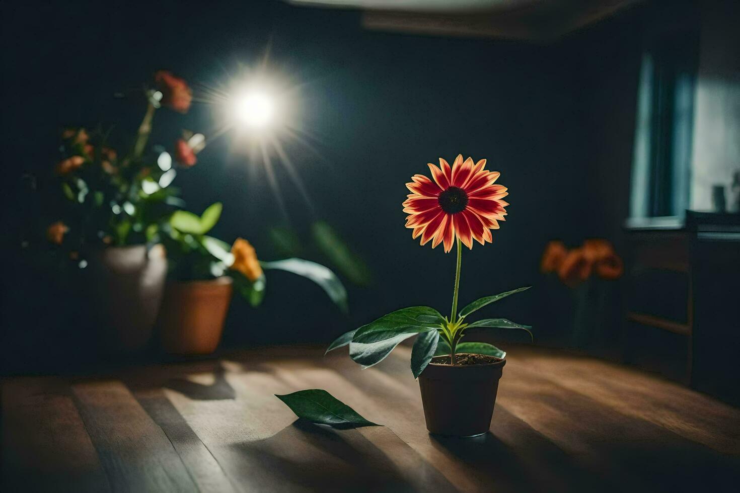 un flor en un maceta en un de madera piso. generado por ai foto