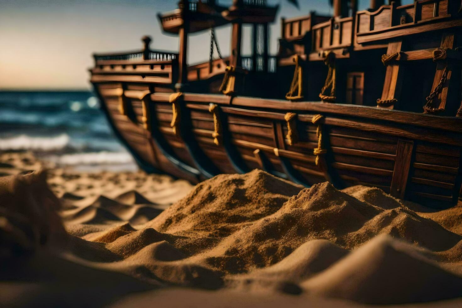 a model of a pirate ship on the beach. AI-Generated photo