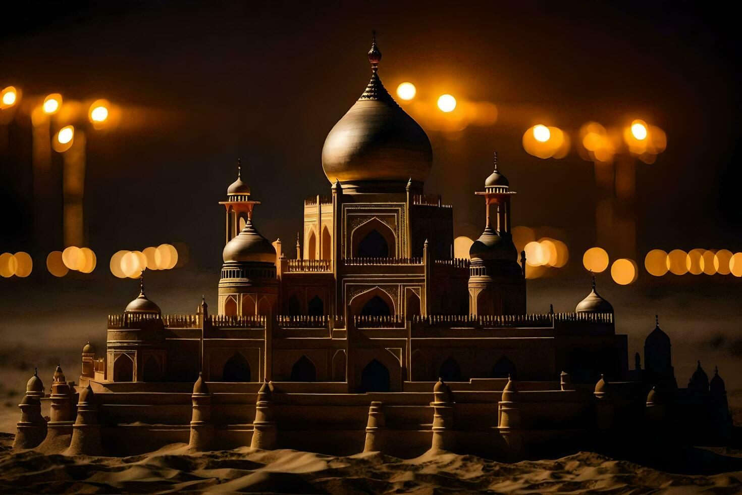 a sand castle is lit up at night. AI-Generated photo