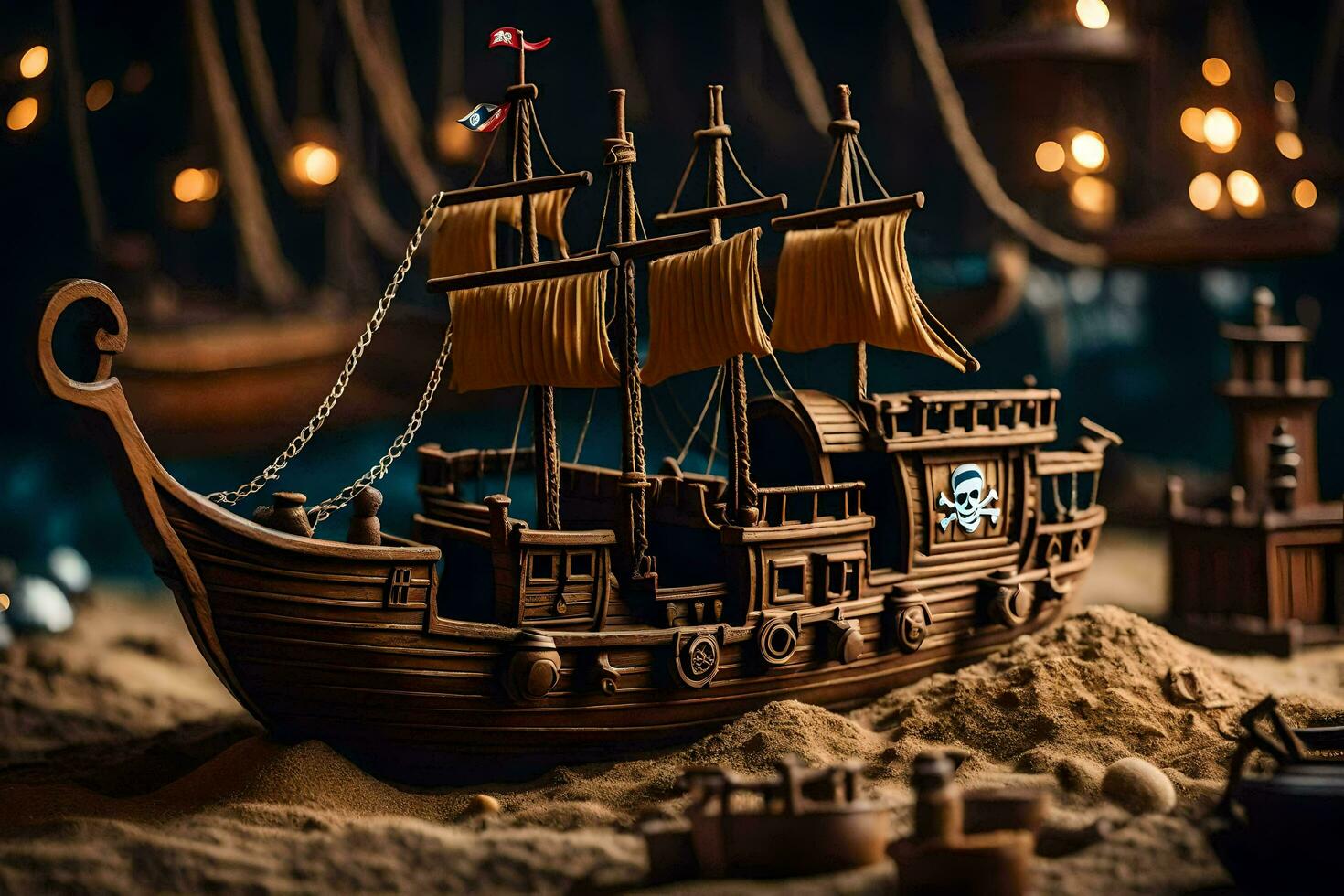 a model of a pirate ship on a sandy beach. AI-Generated photo