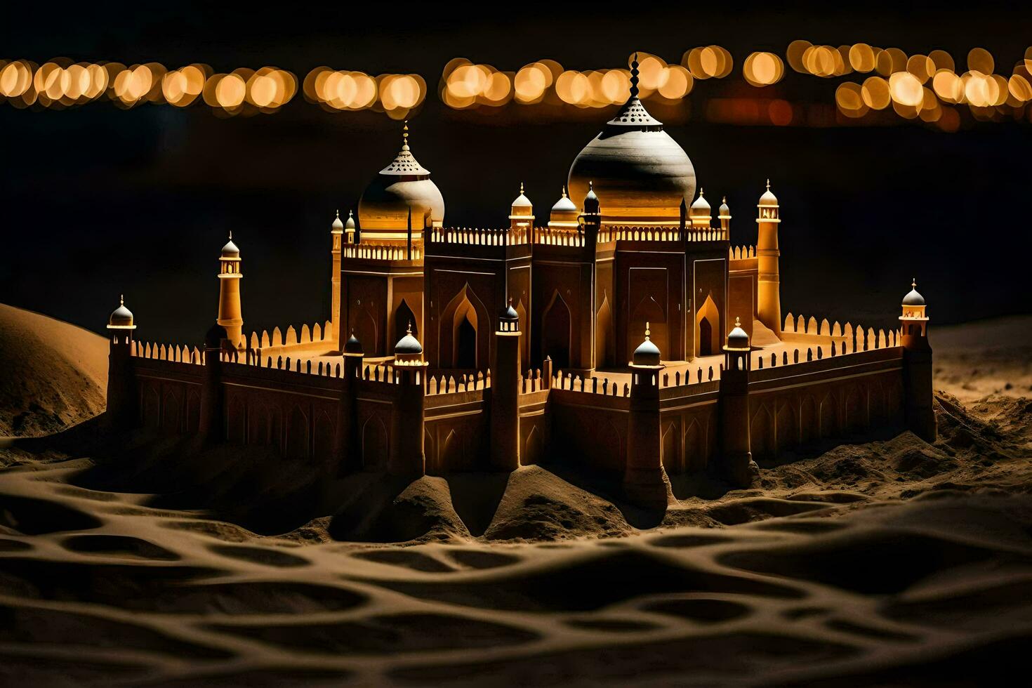 a model of a taj mahal in the sand. AI-Generated photo