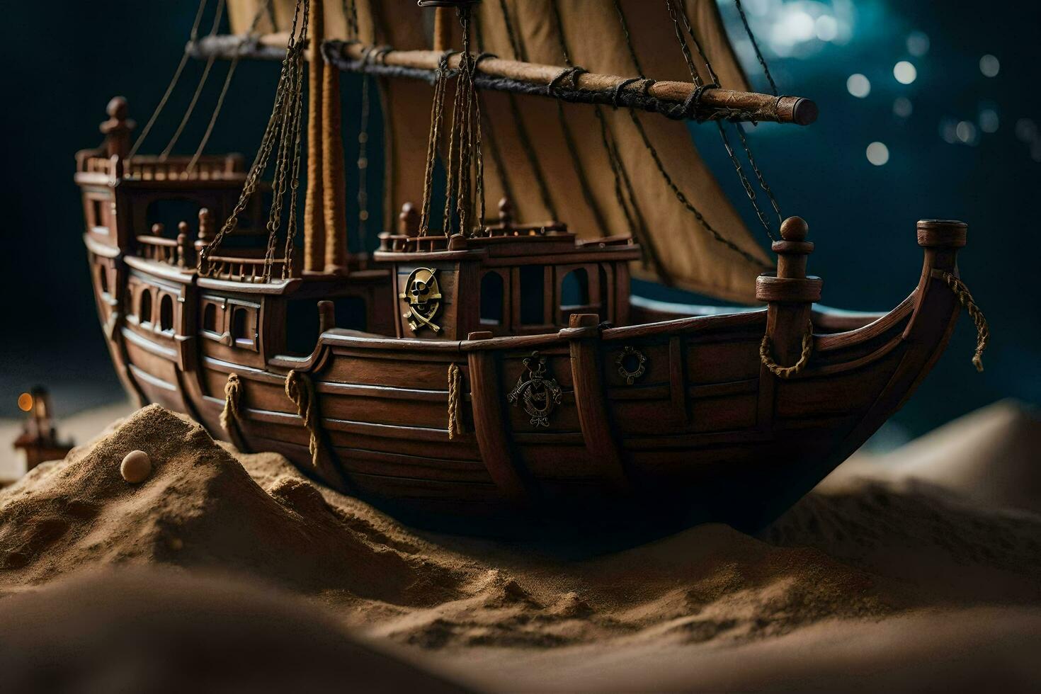 a model of a ship in the sand. AI-Generated photo