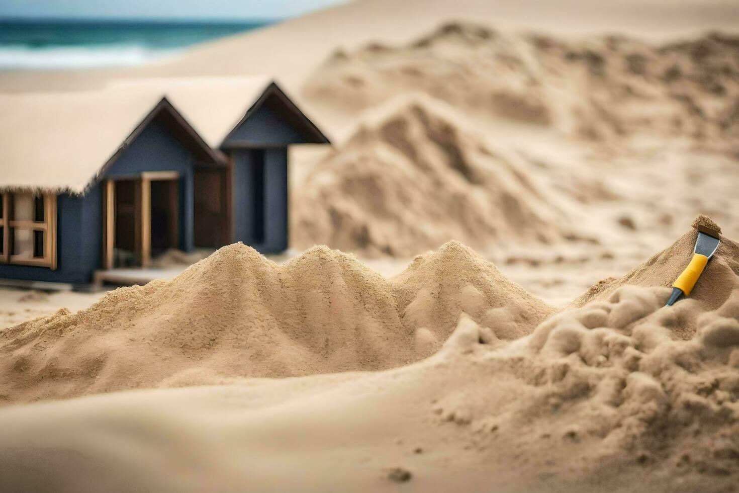 a miniature house sits in the sand next to a beach. AI-Generated photo