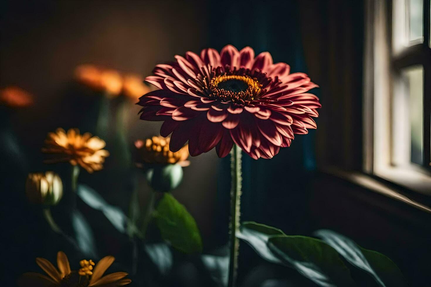 a flower is sitting in front of a window. AI-Generated photo