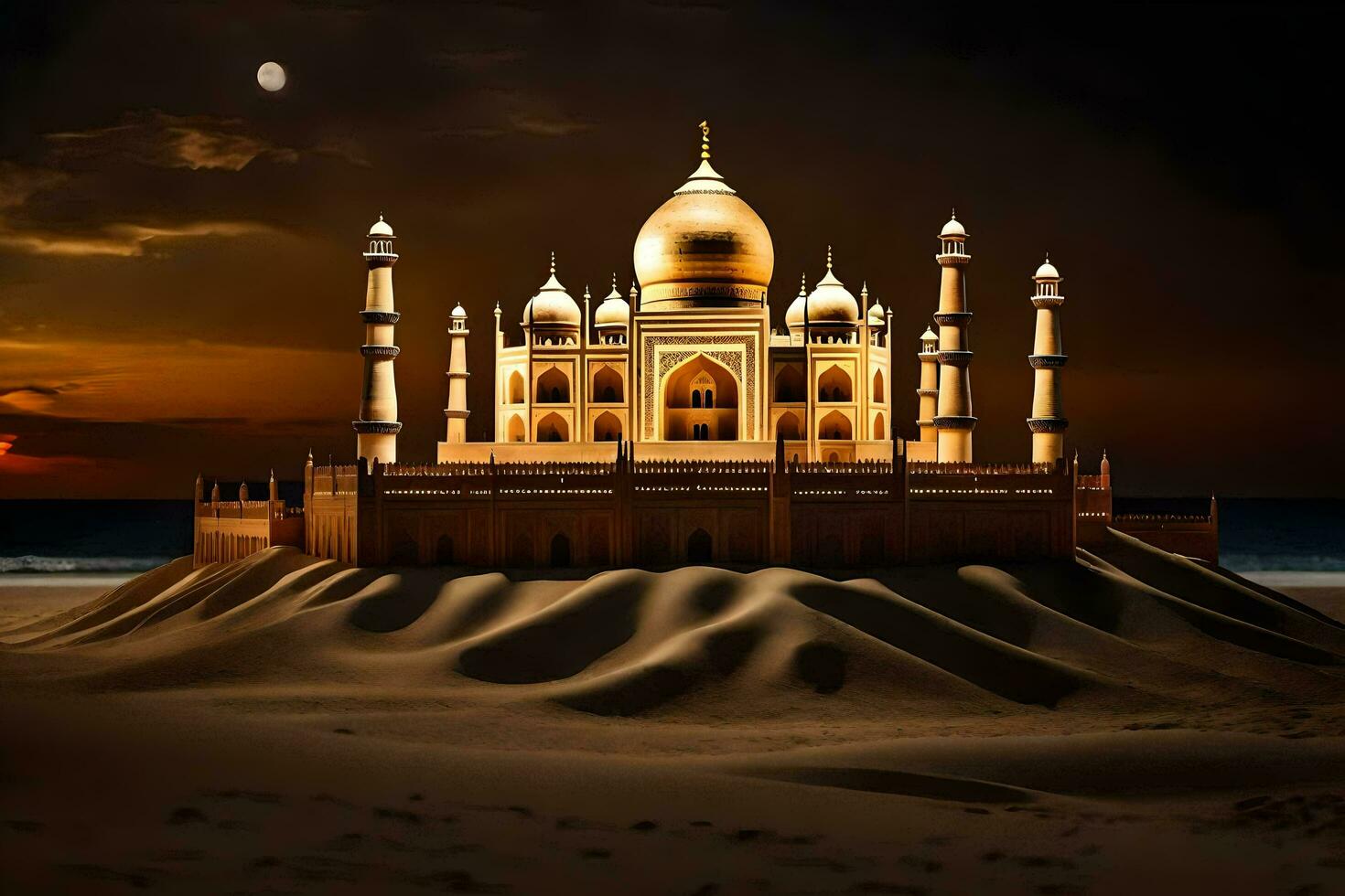 el taj mahal es un hermosa dorado edificio en el desierto. generado por ai foto