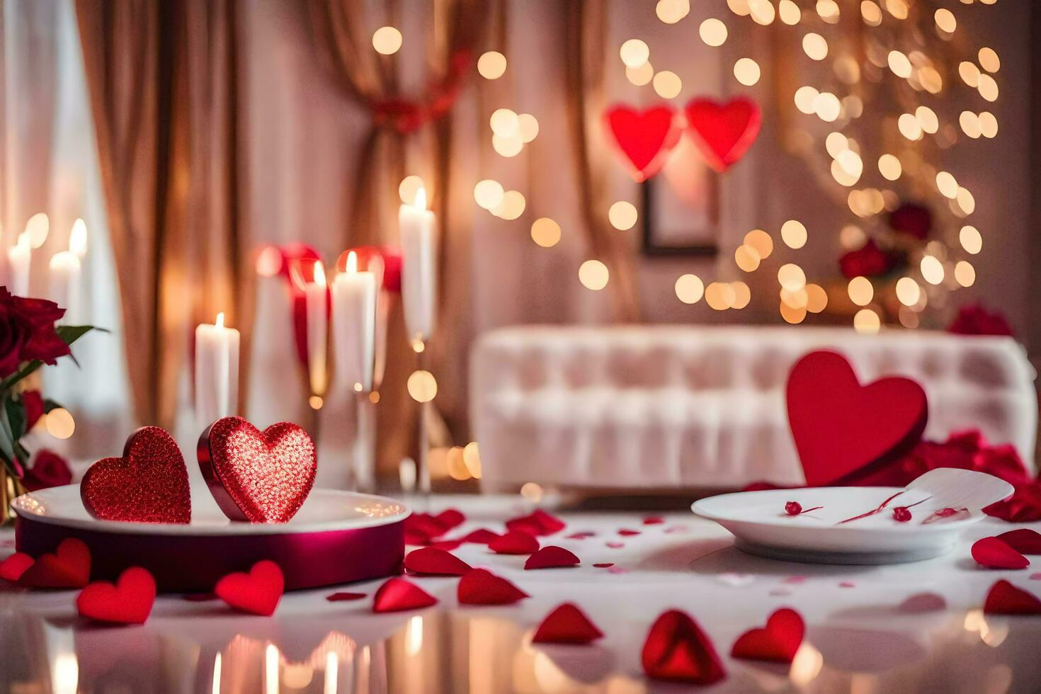 valentine's day table setting with red hearts. AI-Generated photo
