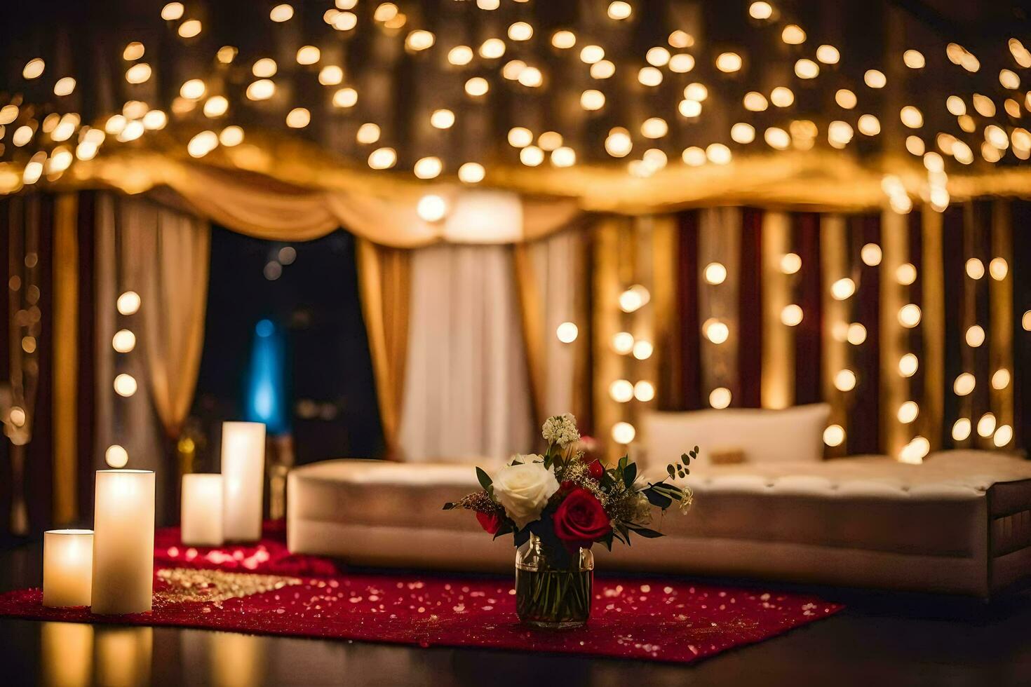 a red carpet with candles and a bed. AI-Generated photo