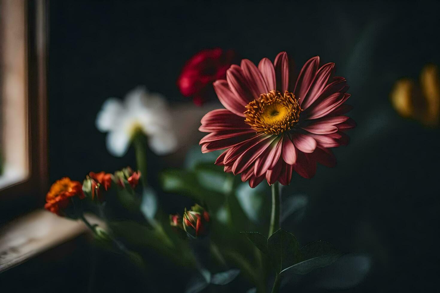 a flower is sitting in front of a window. AI-Generated photo