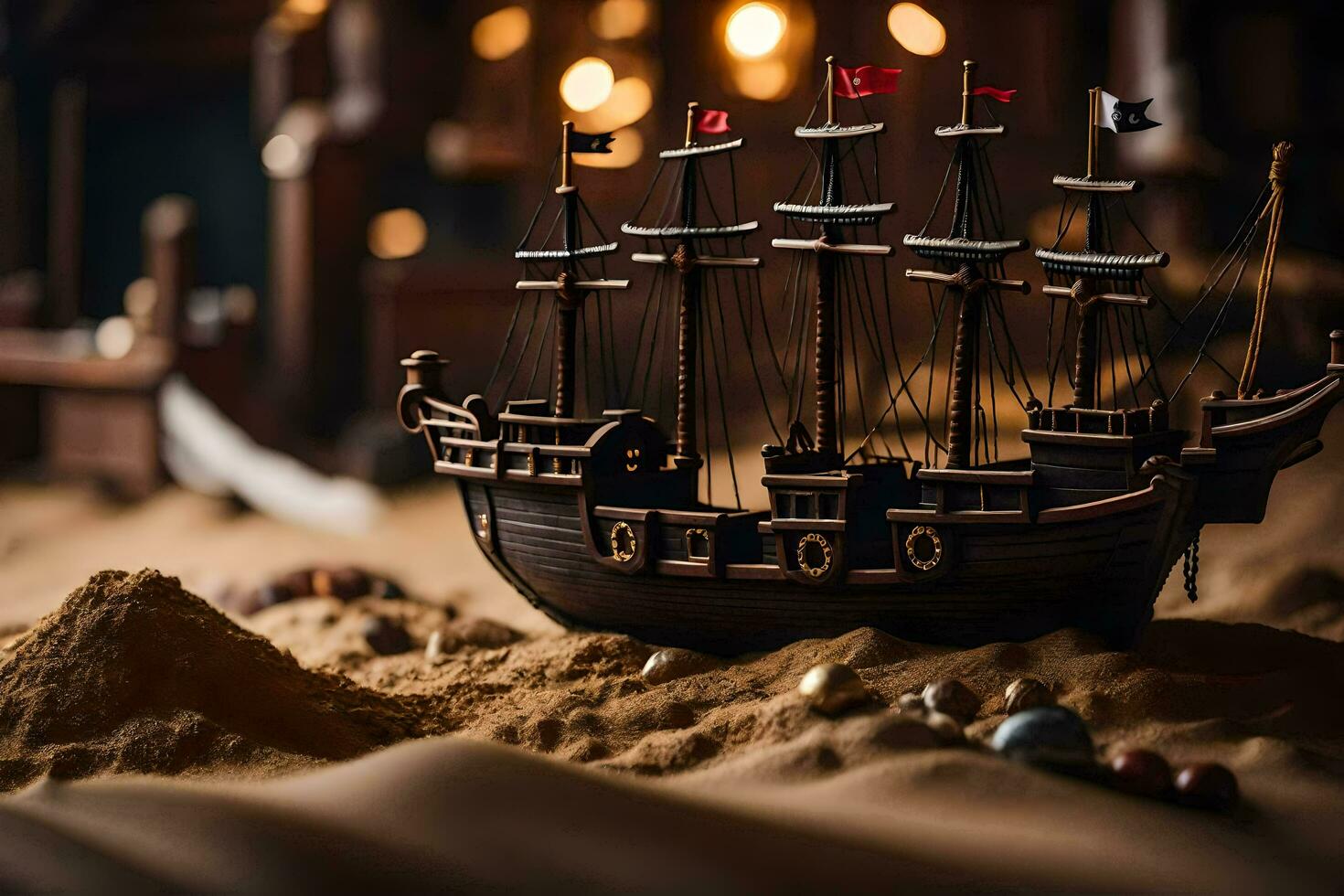 a model pirate ship sits in the sand. AI-Generated photo