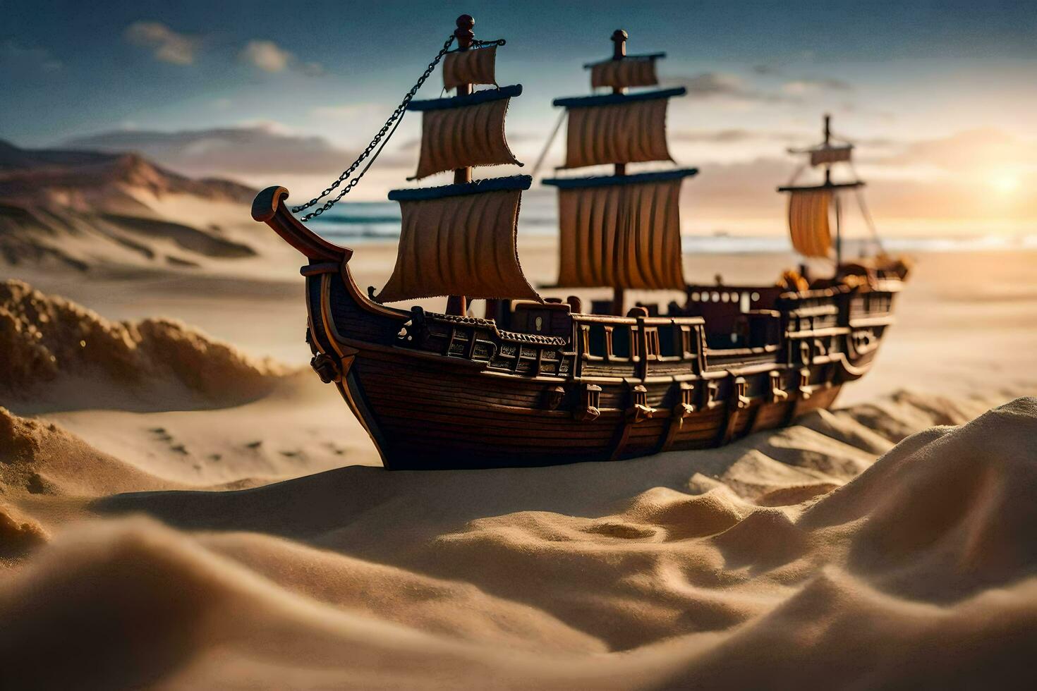 a model ship is sitting on the sand in the middle of the ocean. AI-Generated photo
