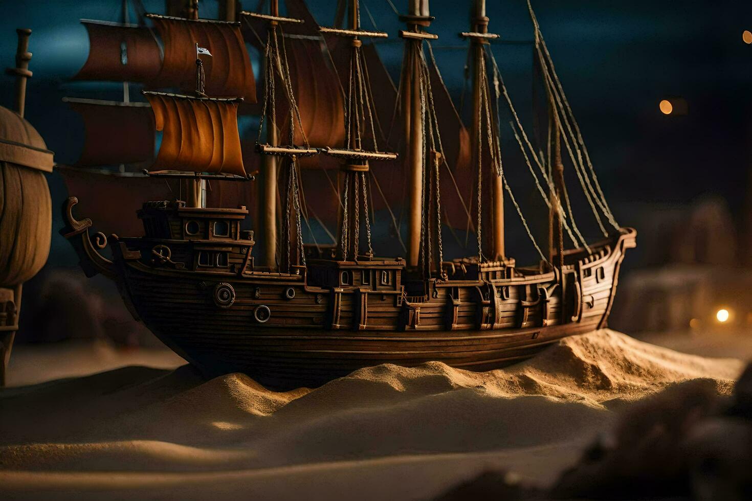 a model of a ship in the sand. AI-Generated photo