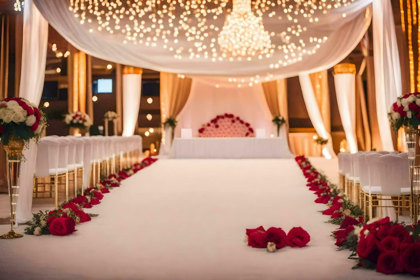 a wedding ceremony with red roses and white chandelier. AI-Generated photo