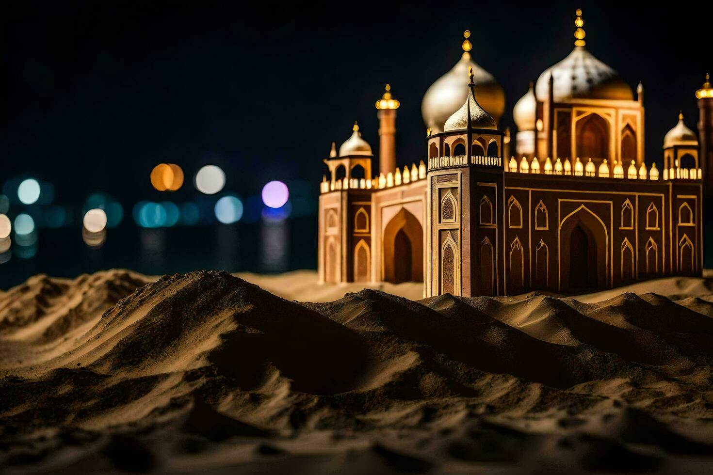 a model of a taj mahal in the sand. AI-Generated photo
