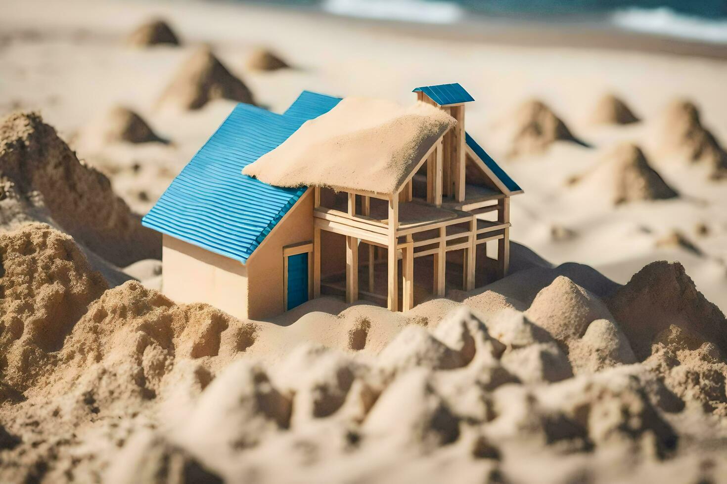 a model of a house in the sand. AI-Generated photo