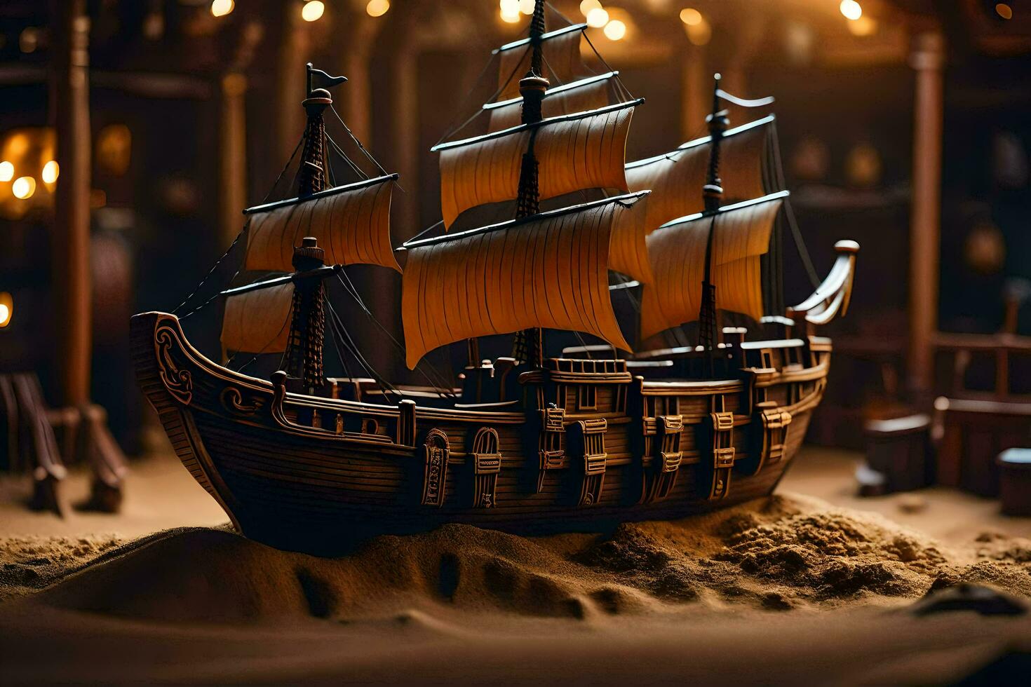 a model of a pirate ship in a dark room. AI-Generated photo