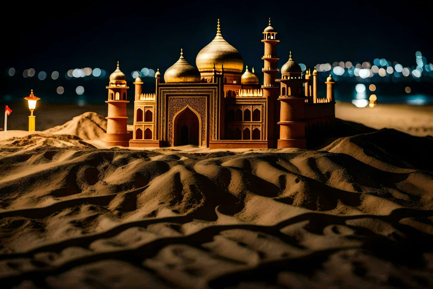a model of a mosque in the sand. AI-Generated photo