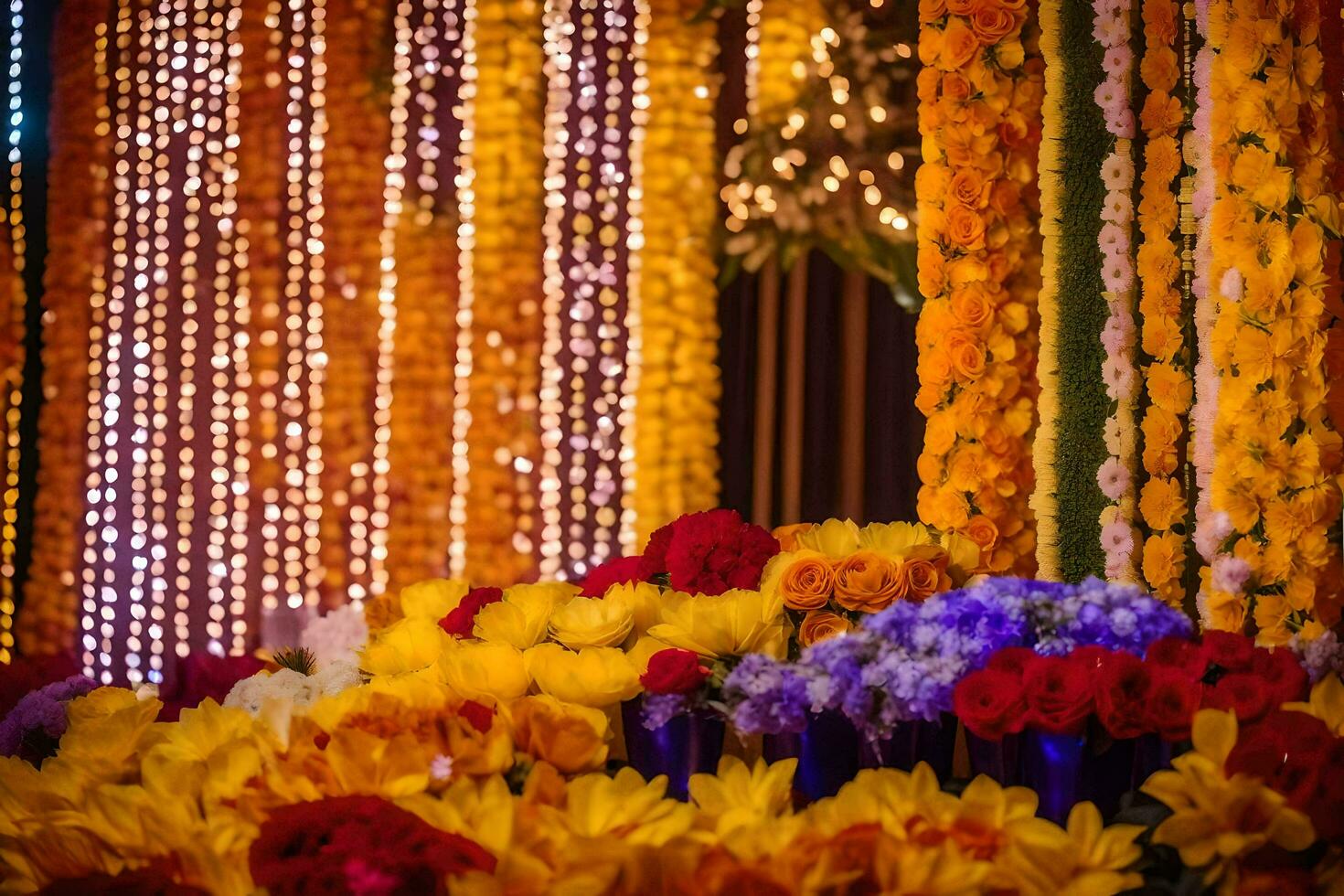 a large display of flowers and garlands. AI-Generated photo