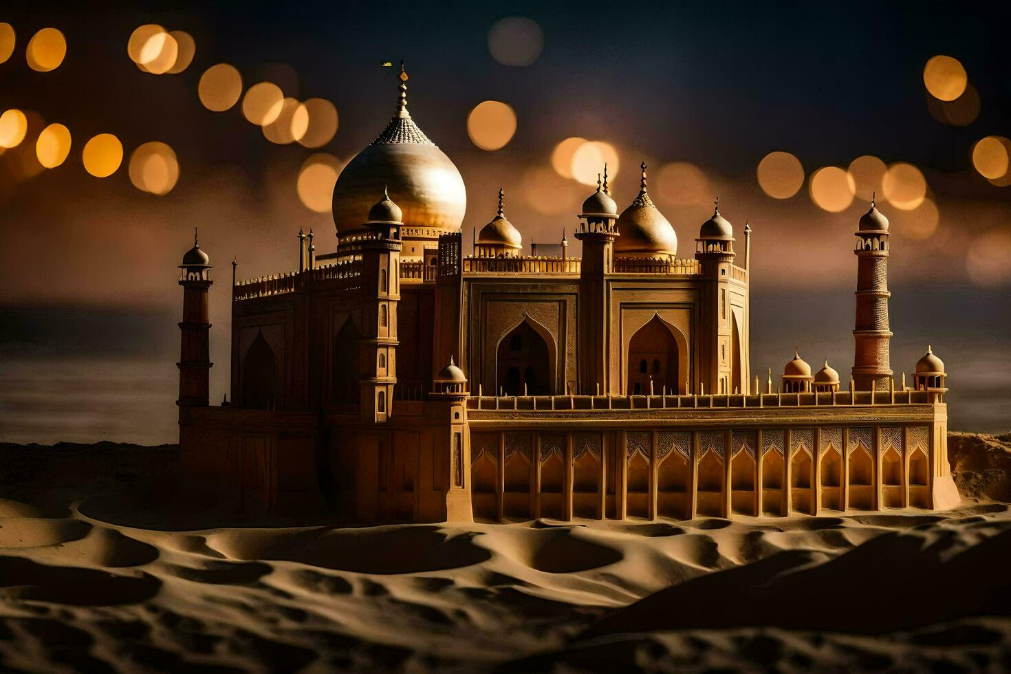 a model of a taj mahal in the desert. AI-Generated photo